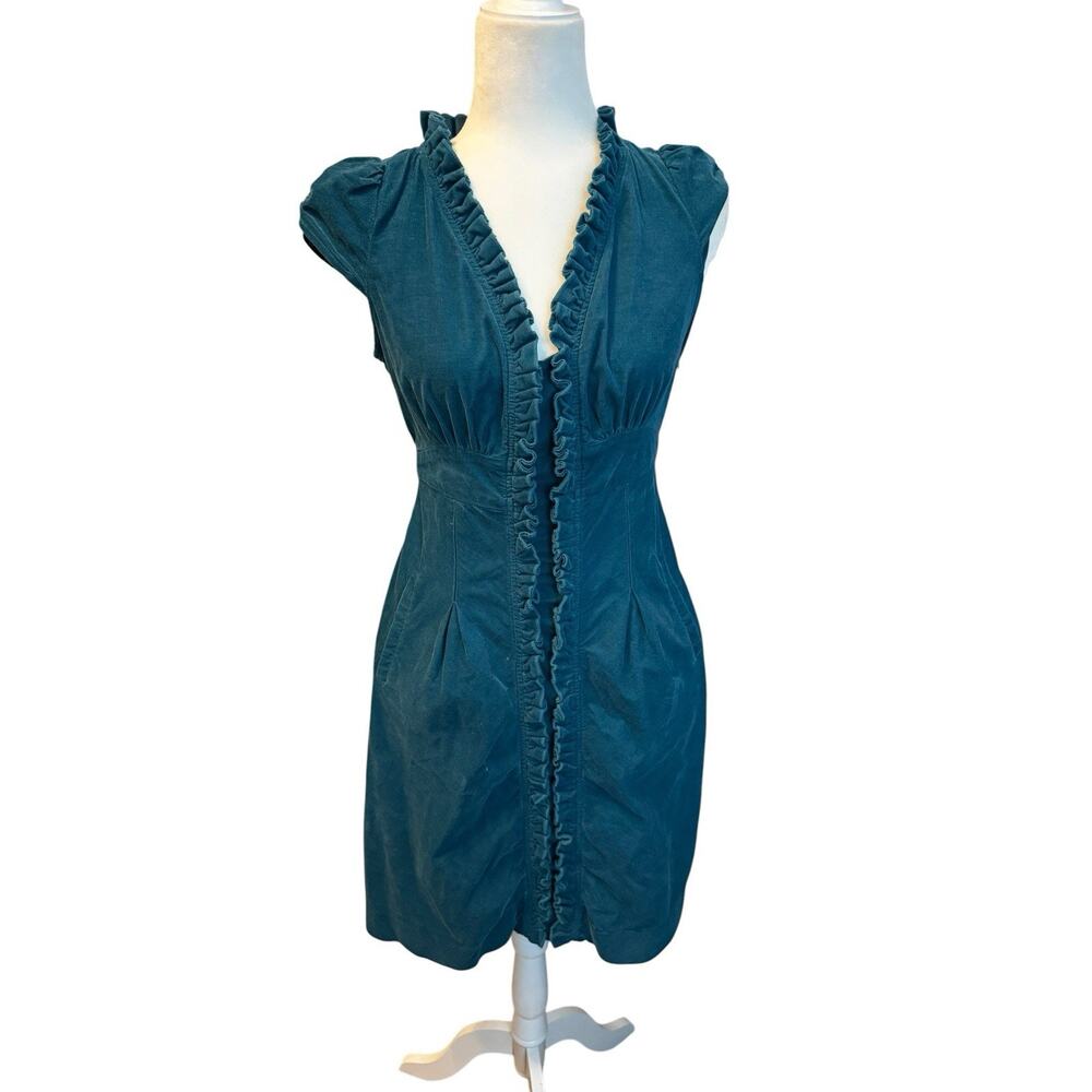 Anthropologie Maeve Corduroy Dress Sz. 4 Teal Knee Length Ruffle Pockets Bodycon